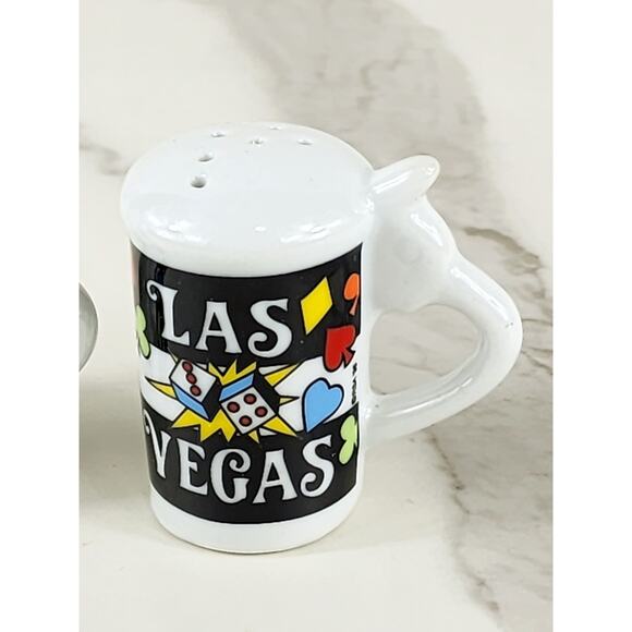 Salt & Pepper Shakers Las Vegas Souvenir 80s Porcelain 2 1/4" Cards Dice Design - Picture 3 of 12